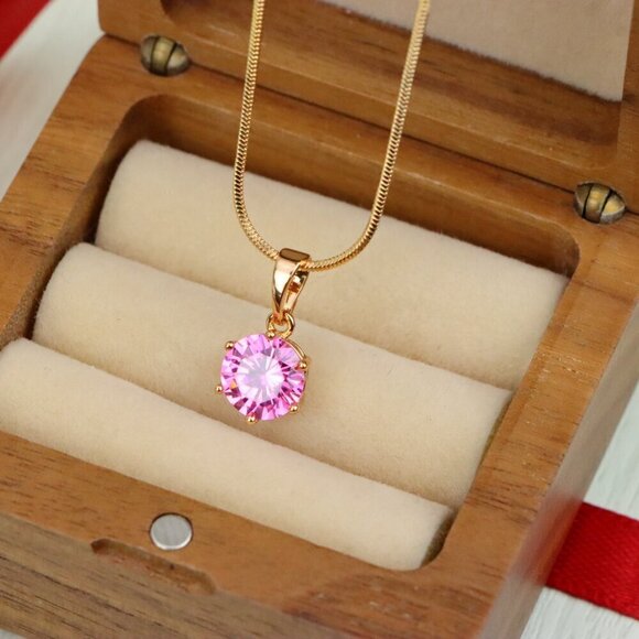 "Sparkling Pink Round Pendant in Gold Finish for Everyday Elegance, XPPT1673 - Picture 7 of 13